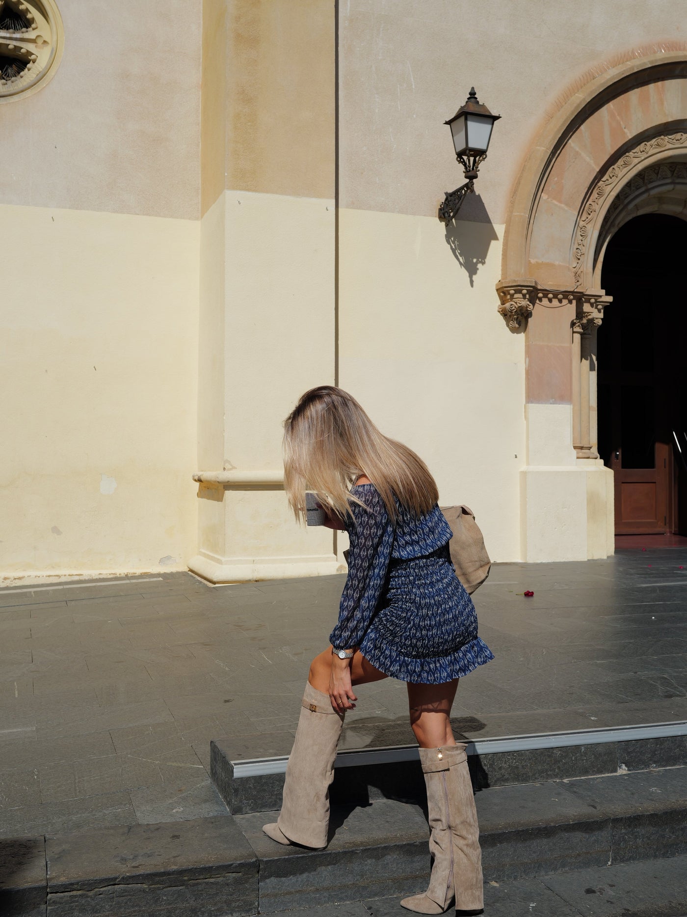 Beige suede heeled boot with flap detail