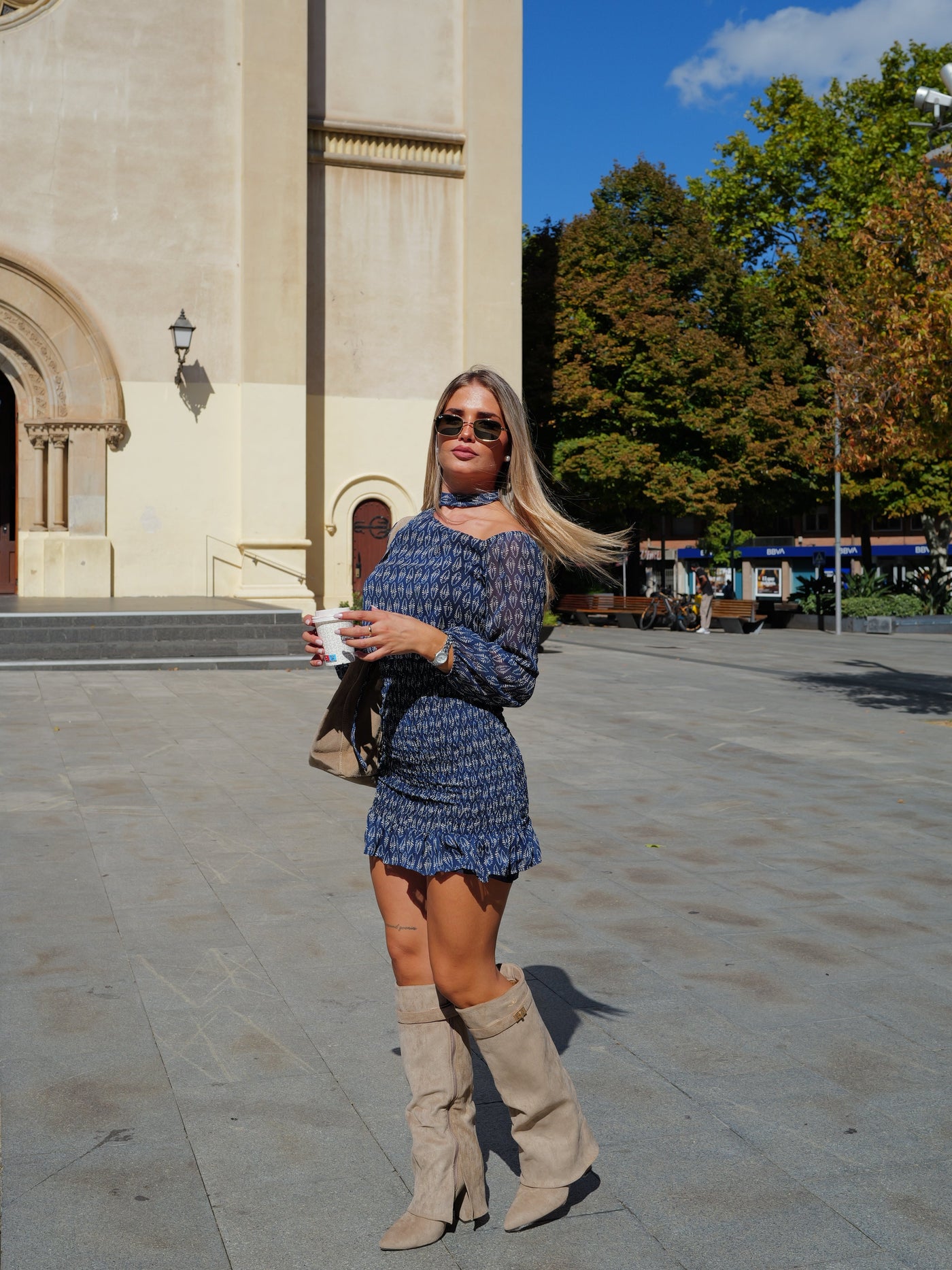 Beige suede heeled boot with flap detail