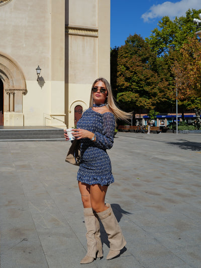 Beige suede heeled boot with flap detail