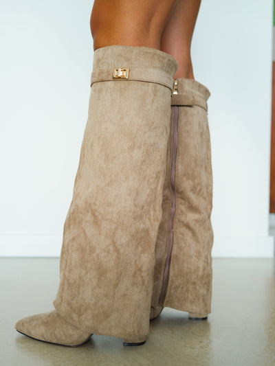 Beige suede heeled boot with flap detail