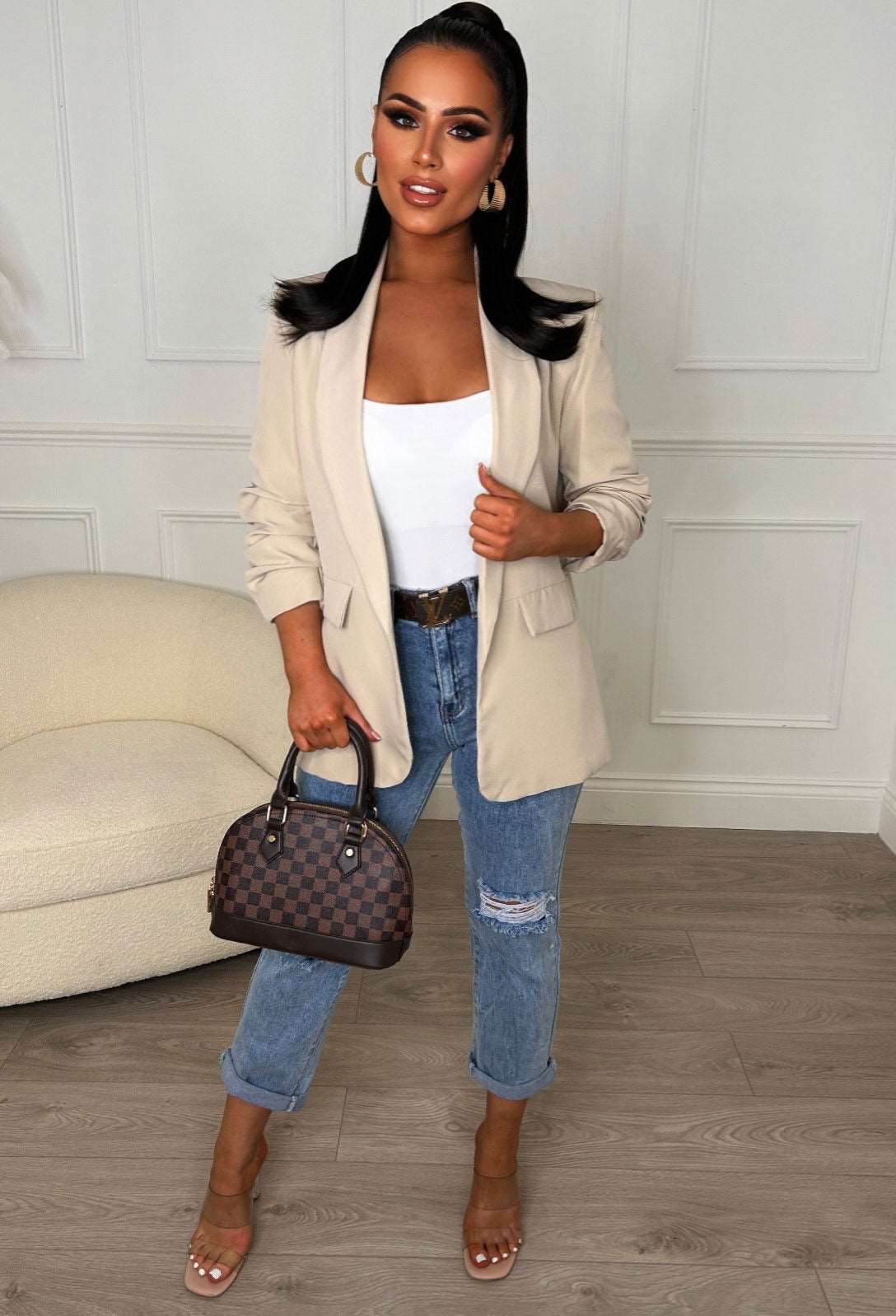 Always Iconic Nude Shawl Ruched Sleeve Blazer