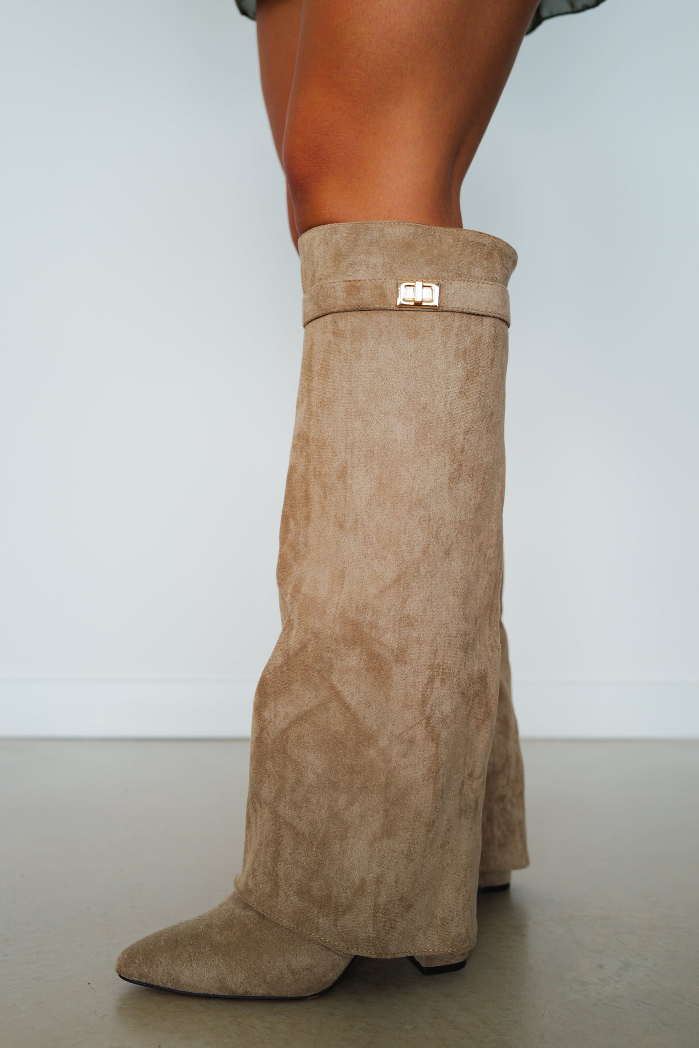 Beige suede heeled boot with flap detail