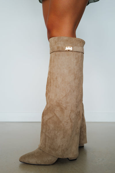 Beige suede heeled boot with flap detail