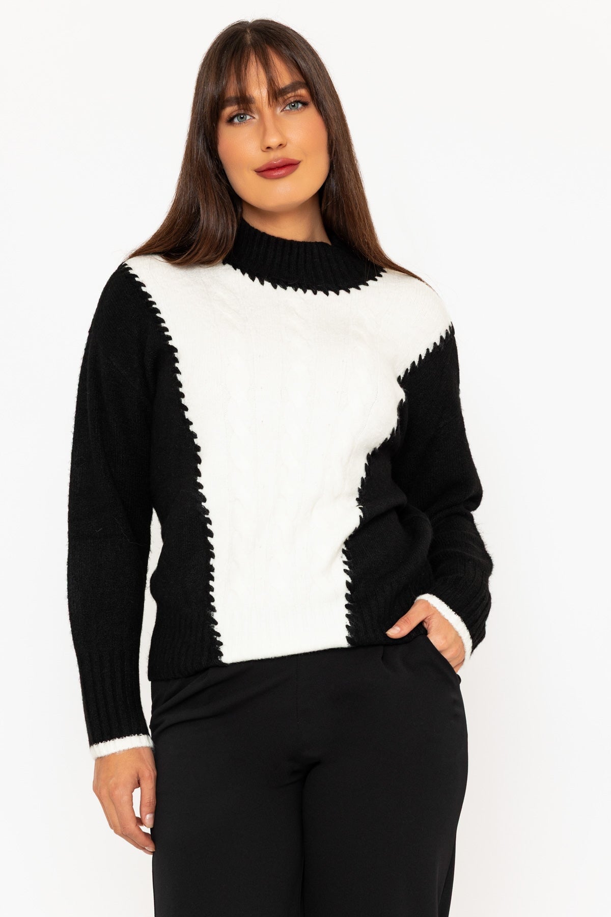 Black & Ecru Contrast Intarsia Cable Knit Jumper