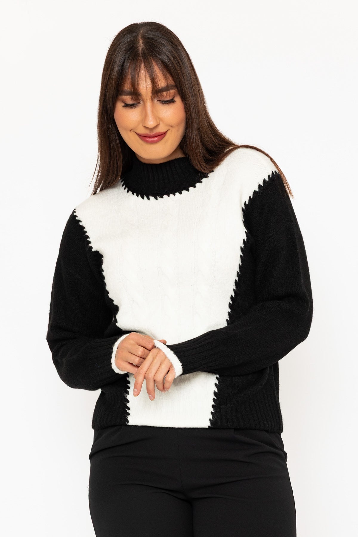 Black & Ecru Contrast Intarsia Cable Knit Jumper