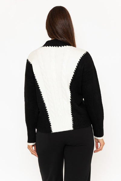 Black & Ecru Contrast Intarsia Cable Knit Jumper